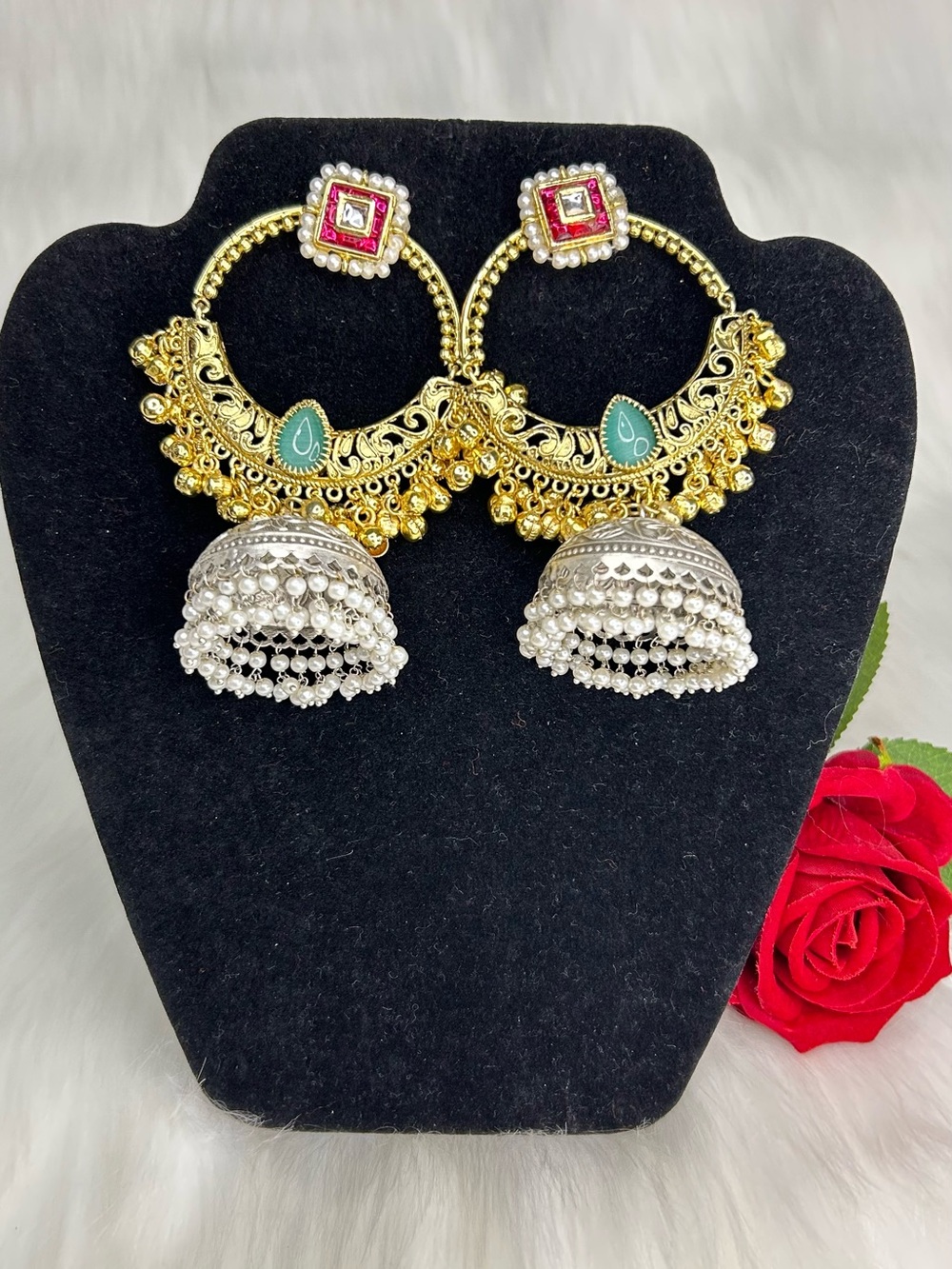Premium Gold-Tone Hoop Jhumka Earrings with Teal Accent and Silver Jhumki